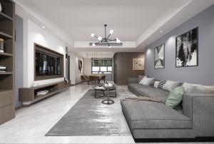客厅，营造一个灰色系的简约质感空间，布沙发与精心搭配抱枕融合，圆形简约茶几，软装的精心搭配，只为简约