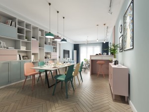 餐厅空间整体更加能表现主题色彩，绿色和粉色的座椅相互搭配，柜体的色彩也相互间隔，节奏感十足。
