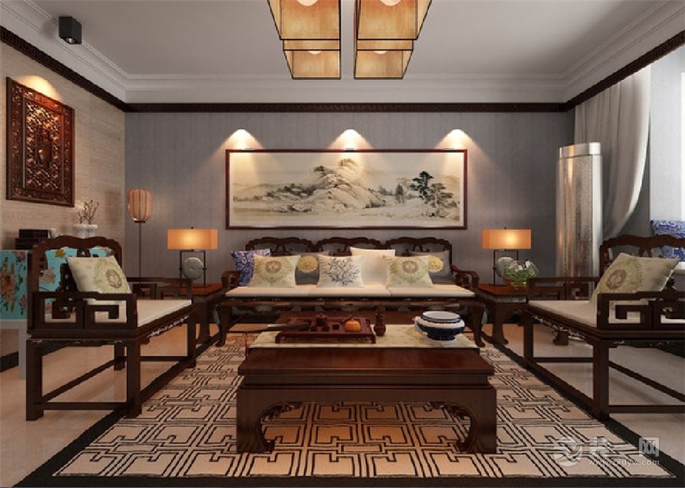 120㎡三居中式风格客厅沙发背景墙装修效果图-中式风格沙发图片