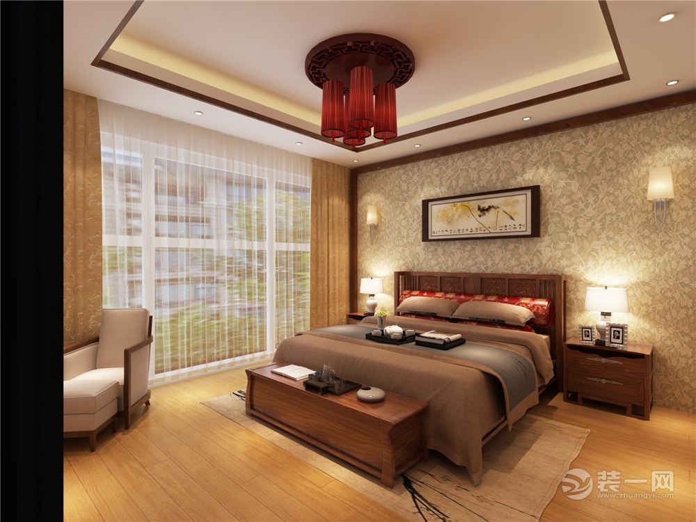 中式风格三居室卧室装修设计
