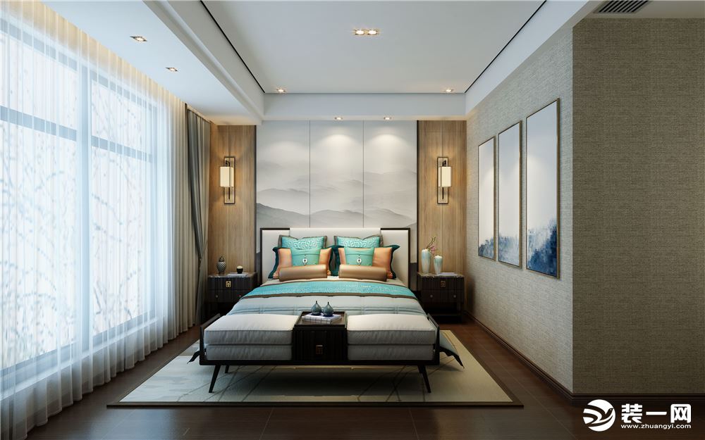 绿地国博城125平新中式风格装修效果图卧室布局