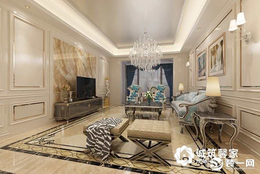 客厅：蓝色的沙发、窗帘活跃了空间，点亮了色彩，背景墙、家具等搭配营造出优雅时尚的欧式氛围。