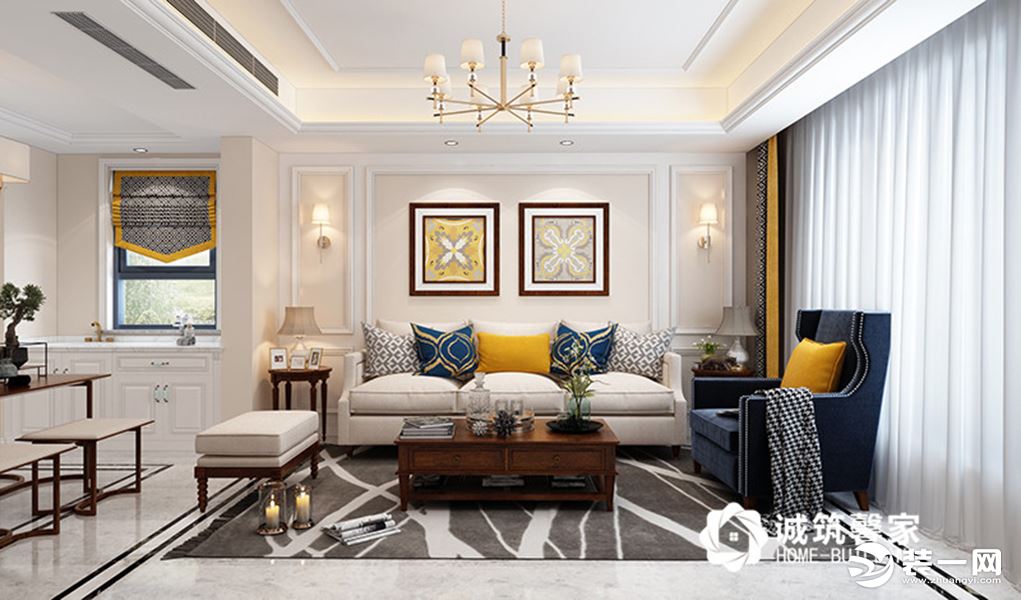 一层客厅，整体以浅米黄色为基调，白色的墙板，深色家具，配上明黄色窗帘，让整体简洁大方又不失优雅。