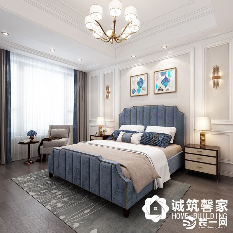 二层客卧，客卧深木色家具搭配咖色窗帘，点缀绛蓝色床品和帘幔，增加空间质感。