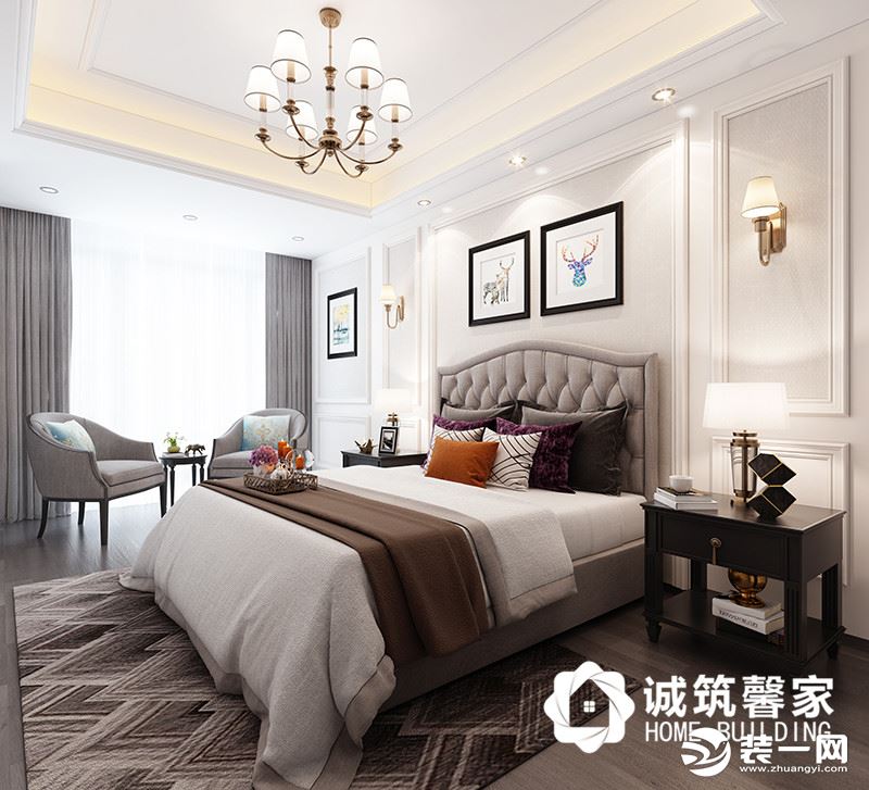 一层次卧，长辈房用深咖色床品搭配灰色窗帘，沉稳舒适。