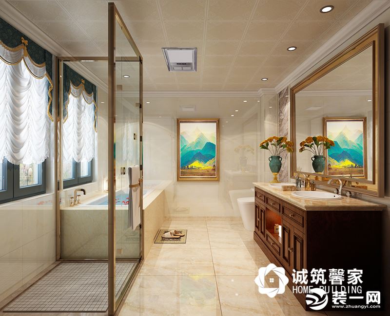 一层卫生间，浅黄色大理石砖铺贴地面，设有浴缸和淋浴房，用玻璃隔断。木质柜体，大理石台面洗手台增加空间