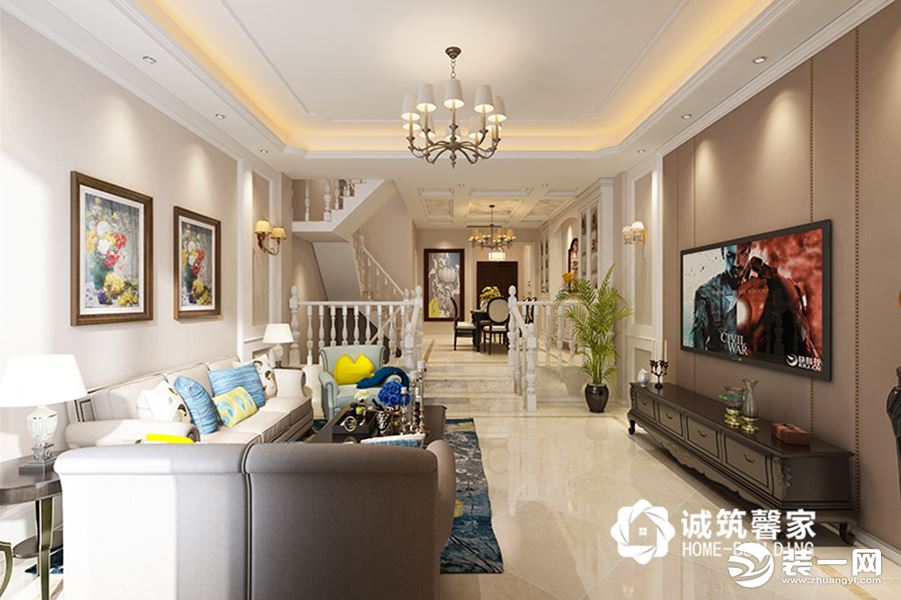 一层的客厅则较多采用的暖色调，使温馨、舒适的家庭氛围得到升华
