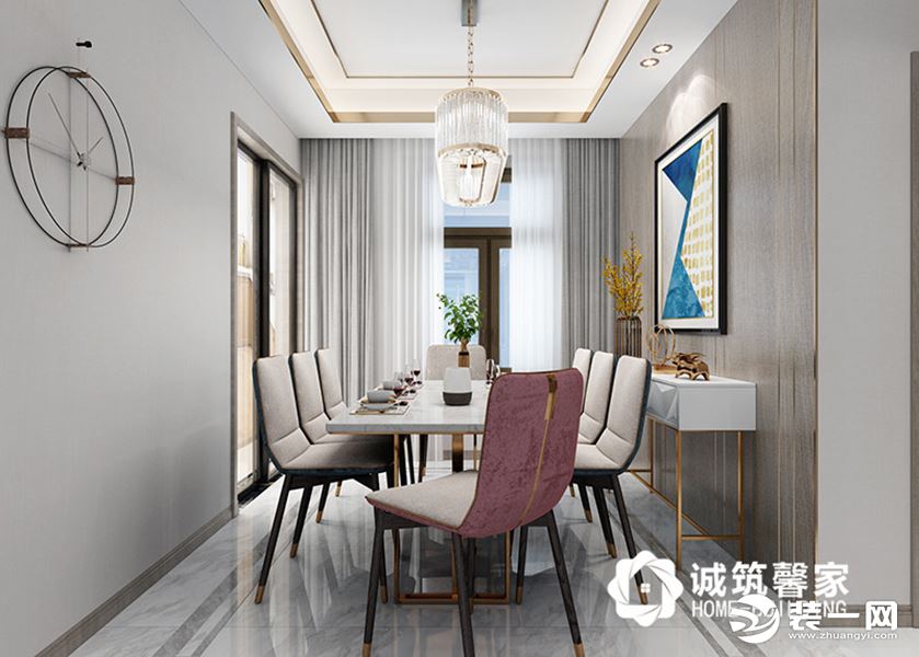 餐厅的整体设计同样以灰色调为基础，在桌椅以及墙面上添加了金色的不锈钢线条做装饰，使得餐厅更有现代感 