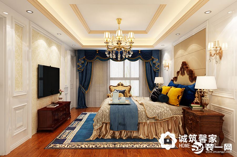 主卧色彩比较成熟，软包的背景墙与欧式家具互相呼应，搭配天蓝色窗帘，让空间生动又富有活力。