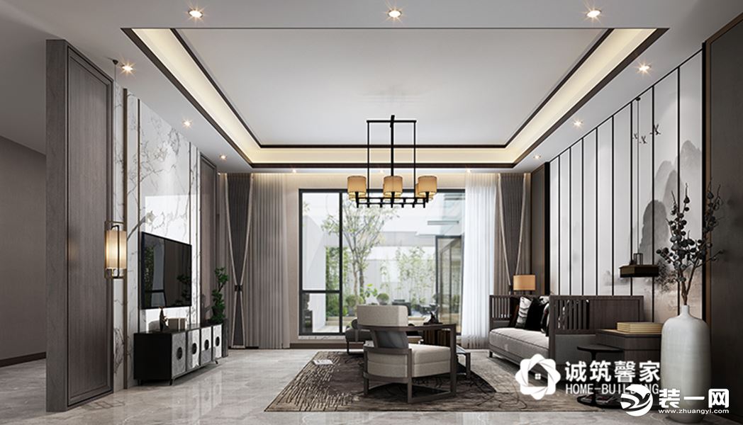 一层客厅采用爵士白石材以及浅色木饰面，加上黑色不锈钢线条点缀，搭配新中式家具
