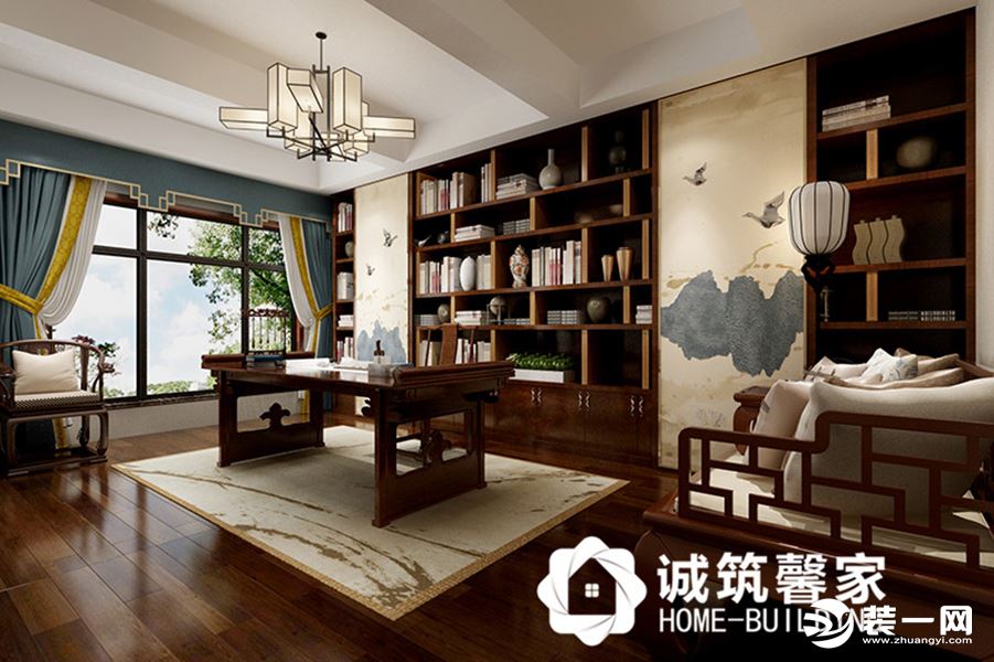 书房，一面墙整体定做深色书柜缤配有山水画移门，深色家具、画桌