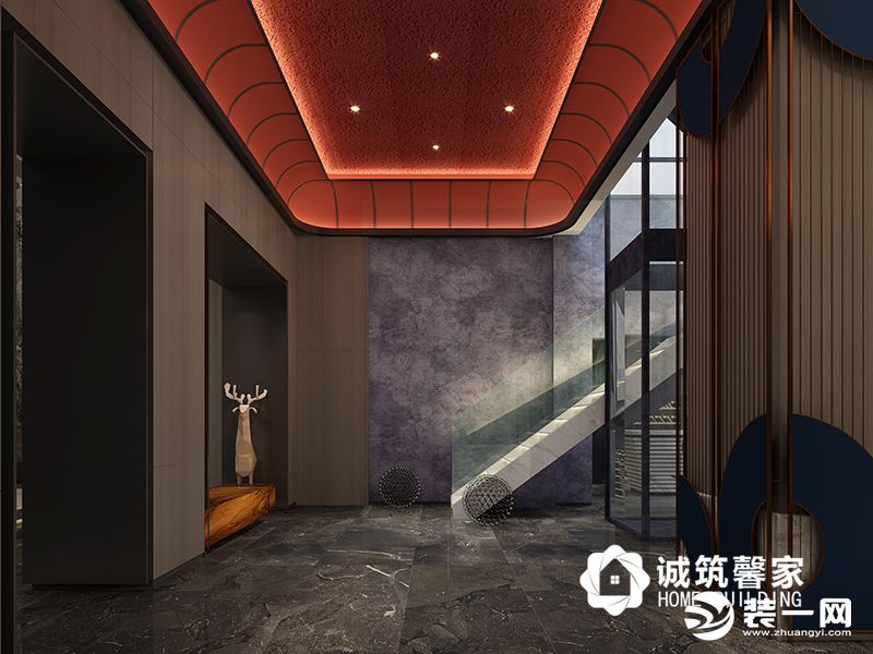负一层电梯厅1，、本案地下室墙面主要以艺术涂料和木饰面为主，同时搭配白色大理石