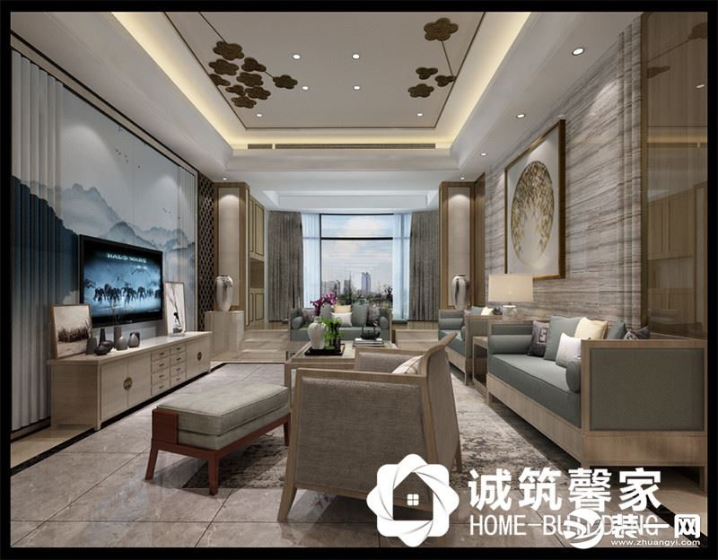 中式家具优雅与简约兼具，清简的线条与背景墙浑然一体，营造出古典恬静的空间气韵 
