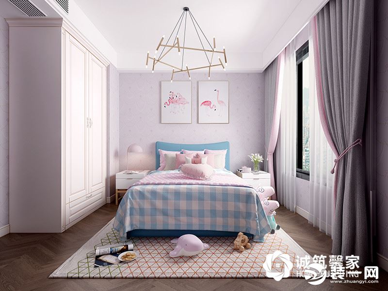 小宝宝房间也是以嫩粉色为主，拼花地板时尚个性，一组衣柜，没做其他吊顶，简简单单，又透着精致。