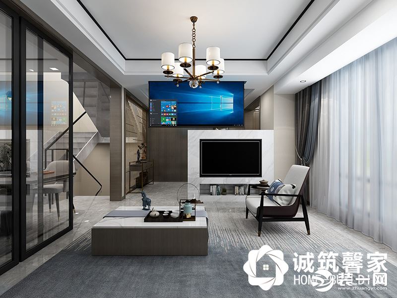 客厅的设计力求简约精致，在风格上融入传统中式元素，如电视背景墙装饰