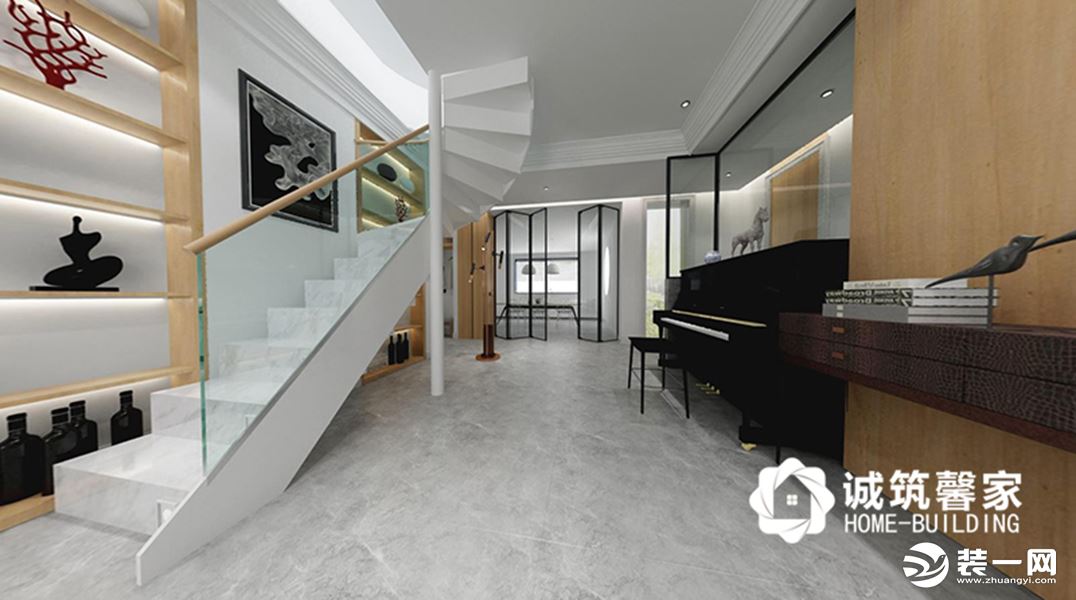楼梯的设计也是家中的一大亮点，全屋玻璃材质的设计比较多，让空间开阔，明亮