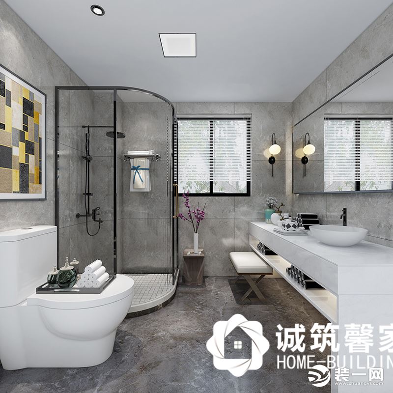 卫生间、配有淋浴房，灰色大理石砖铺贴墙面，白色大理石砖洗手台面，大玻璃镜面增加空间进深感