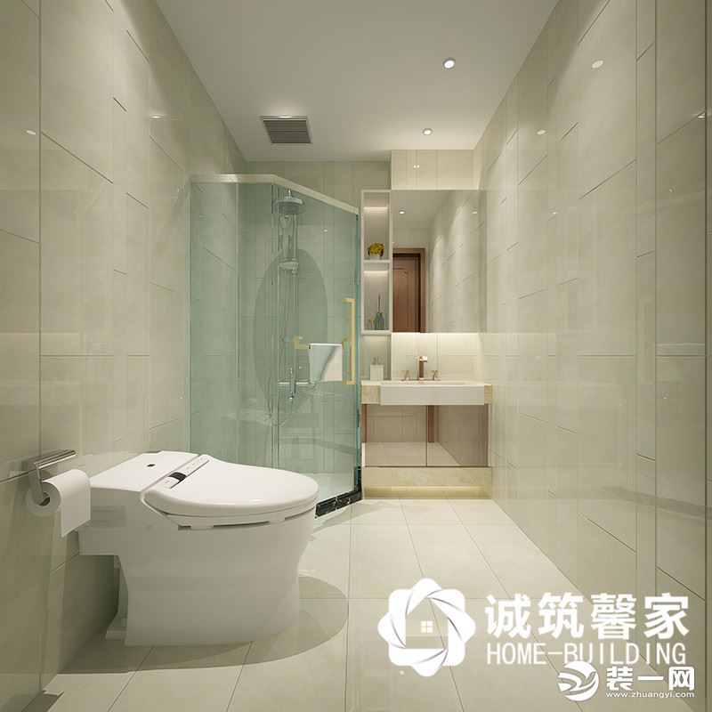卫生间墙地面整体采用白色方形瓷砖铺贴，另有玻璃淋浴房