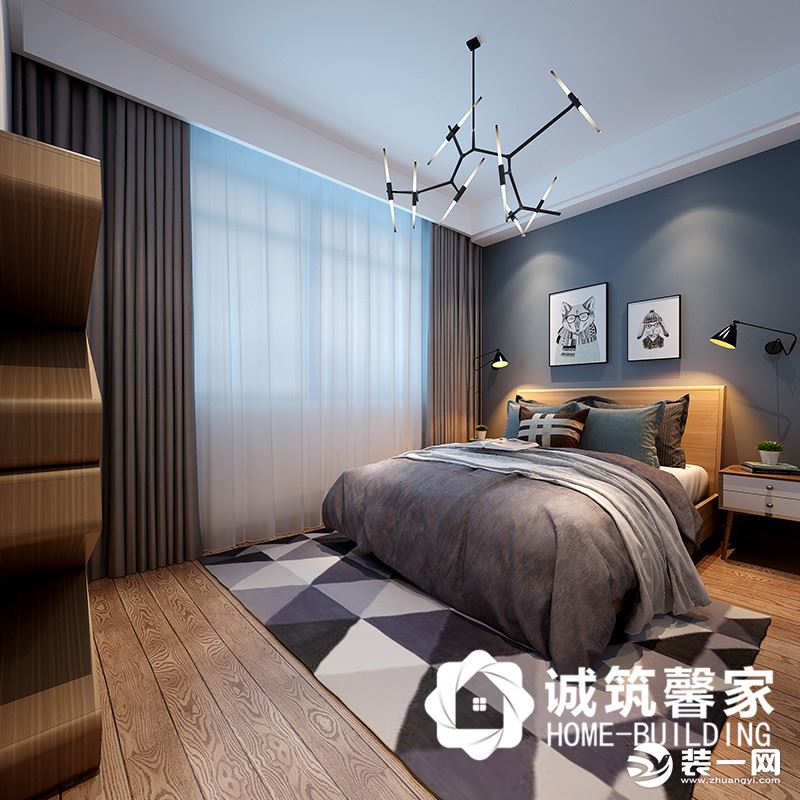 卧室，墙面一侧定制木衣柜，移门采用白色面，床头金属挂饰装饰墙面