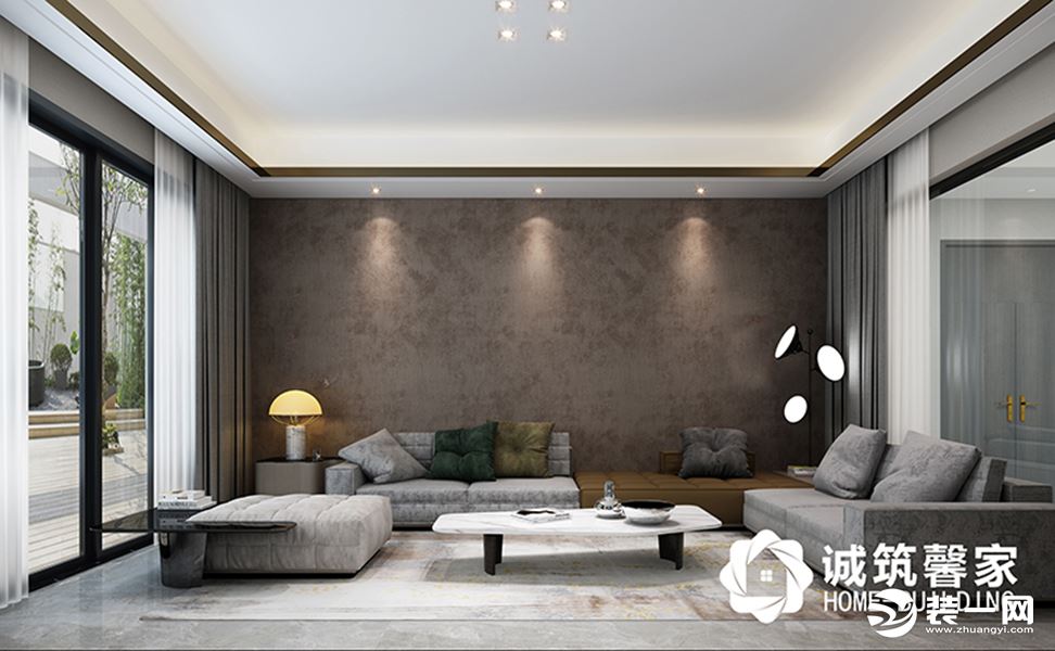 一层客厅背景以深咖色墙布为主，搭配灰色组合沙发及灰色窗帘，整体色彩统一融洽