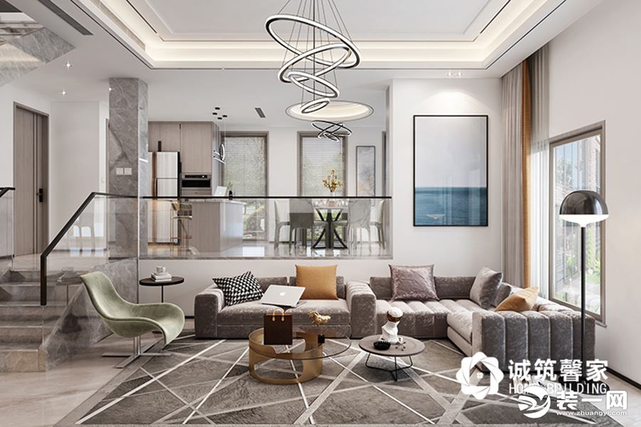 客厅，暖灰色的极简色调，与金属装饰搭配，呈现一种坚柔并存的特殊味道