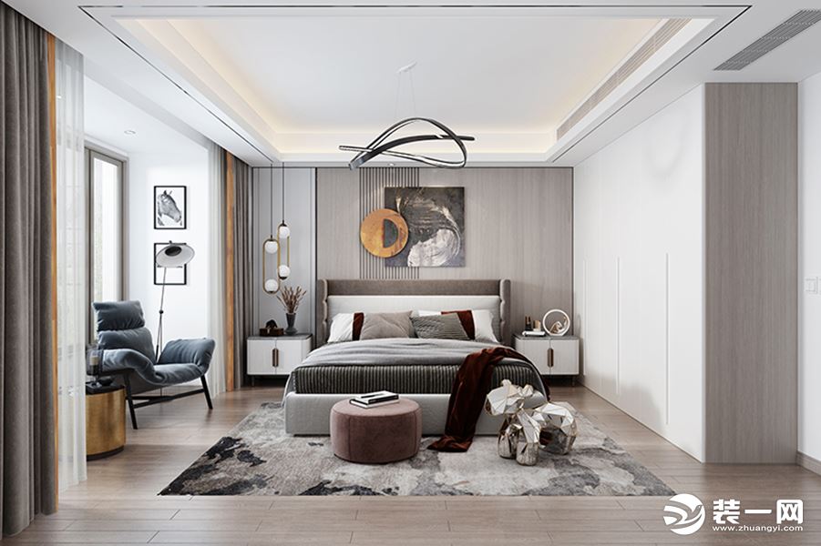 主卧室，安逸而舒适的铺陈，似乎在强调空间的睡眠属性，呈现出迷人的灰色调性