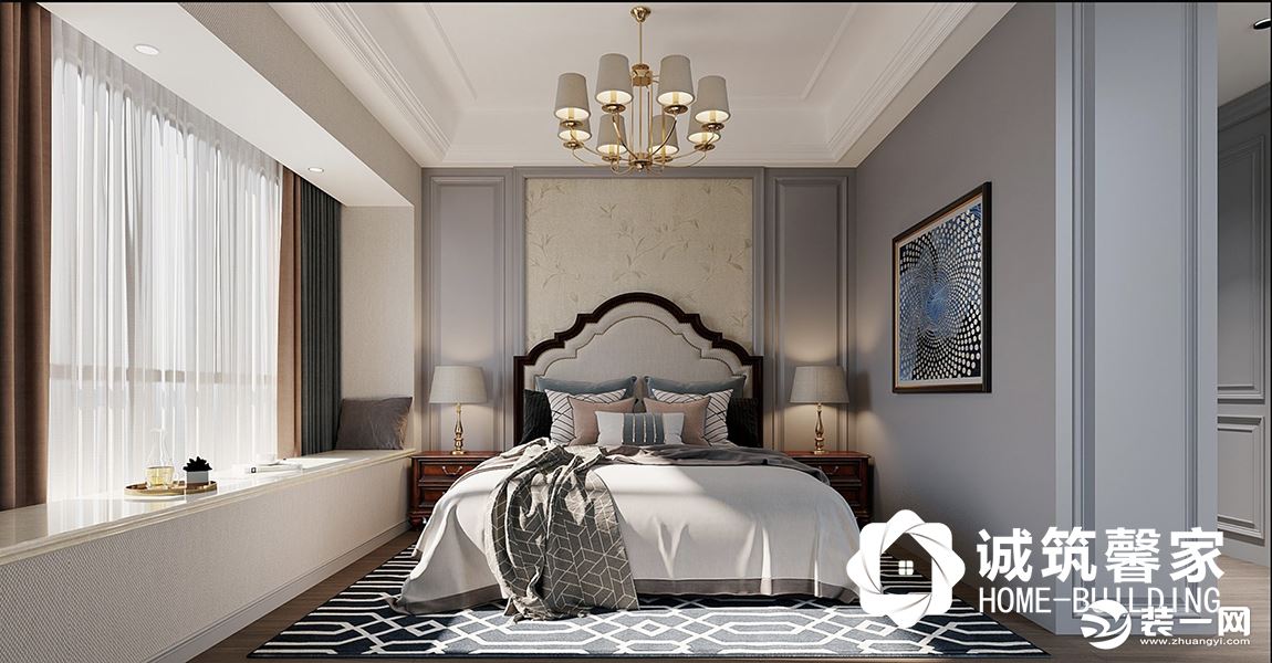 灰色、沙色、蜂蜜色，营造出温馨舒适的居住氛围感。床头背景处采用黄金比例进行分割，用护墙板制造框景