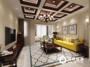 客厅作为待客区域，一般是空间吸睛点之处，同时装修较其它空间要更明快光鲜，九宫格吊顶，加上黄色布艺沙发