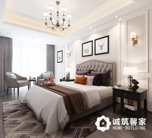 一層次臥，長輩房用深咖色床品搭配灰色窗簾，沉穩舒適。