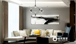房屋整体以灰色调为主，客厅设计师在色彩上大量使用灰色调，灰色地砖、灰色沙发背景墙、灰色地板砖