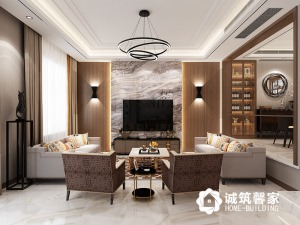 客厅主要以咖啡色为主调，配以浅灰色墙面，给人一种静谧又高贵的氛围。