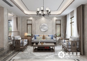 客厅柔软舒适的沙发配色上以素雅的灰色调为主，材料多为木制，电视墙背景选用了白色大理石砖，墙面采用灰色