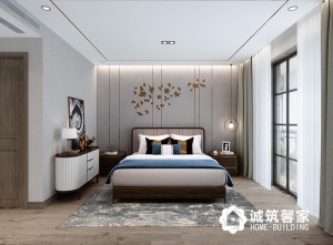 主卧背景墙采用软包，咖啡色的家具，搭配咖色地板，与整个空间协调一致，没有其他的造型，简洁舒适。