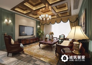 客厅保留了原始高度，将横出来的梁做成了木质九宫格，增添了空间厚重感，防木质的地砖衬托出客厅的沉稳气质