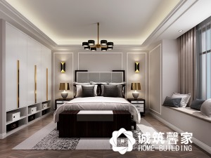 二层儿子房整体空间白色为主调，定制白色衣柜储藏柜，地面木地板铺设，利用飘窗空间打造休息空间。