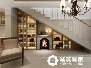一层楼梯壁炉成品定制的隐形书柜与壁炉相结合，整体空间融为一体，充分利用了空间