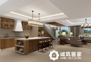 一层西厨开放式厨房的添加增加家庭的互动空间，橱柜色调与客厅相一致具有整体性，空间划分合理。