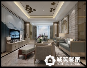 中式家具优雅与简约兼具，清简的线条与背景墙浑然一体，营造出古典恬静的空间气韵 