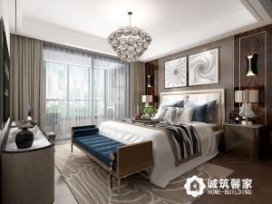 主卧空间以大气沉稳的灰色金属感贯穿，灰色质感的家具、窗帘、背景墙，那么的精致有品质。