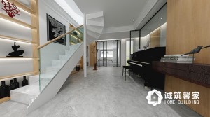 楼梯的设计也是家中的一大亮点，全屋玻璃材质的设计比较多，让空间开阔，明亮