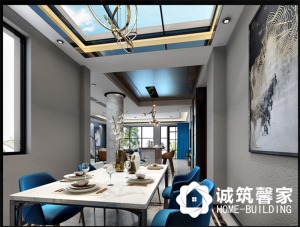 餐厅、4人长桌，玻璃顶面增加室内光线，灰色墙纸铺贴搭配蓝色椅