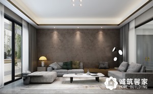 一层客厅背景以深咖色墙布为主，搭配灰色组合沙发及灰色窗帘，整体色彩统一融洽