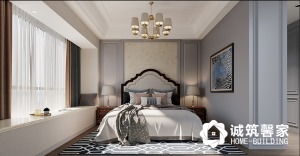 灰色、沙色、蜂蜜色，营造出温馨舒适的居住氛围感。床头背景处采用黄金比例进行分割，用护墙板制造框景