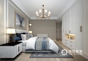 主卧室依旧利用石膏线条打造简洁感，优雅的美式双人床舒适宜人