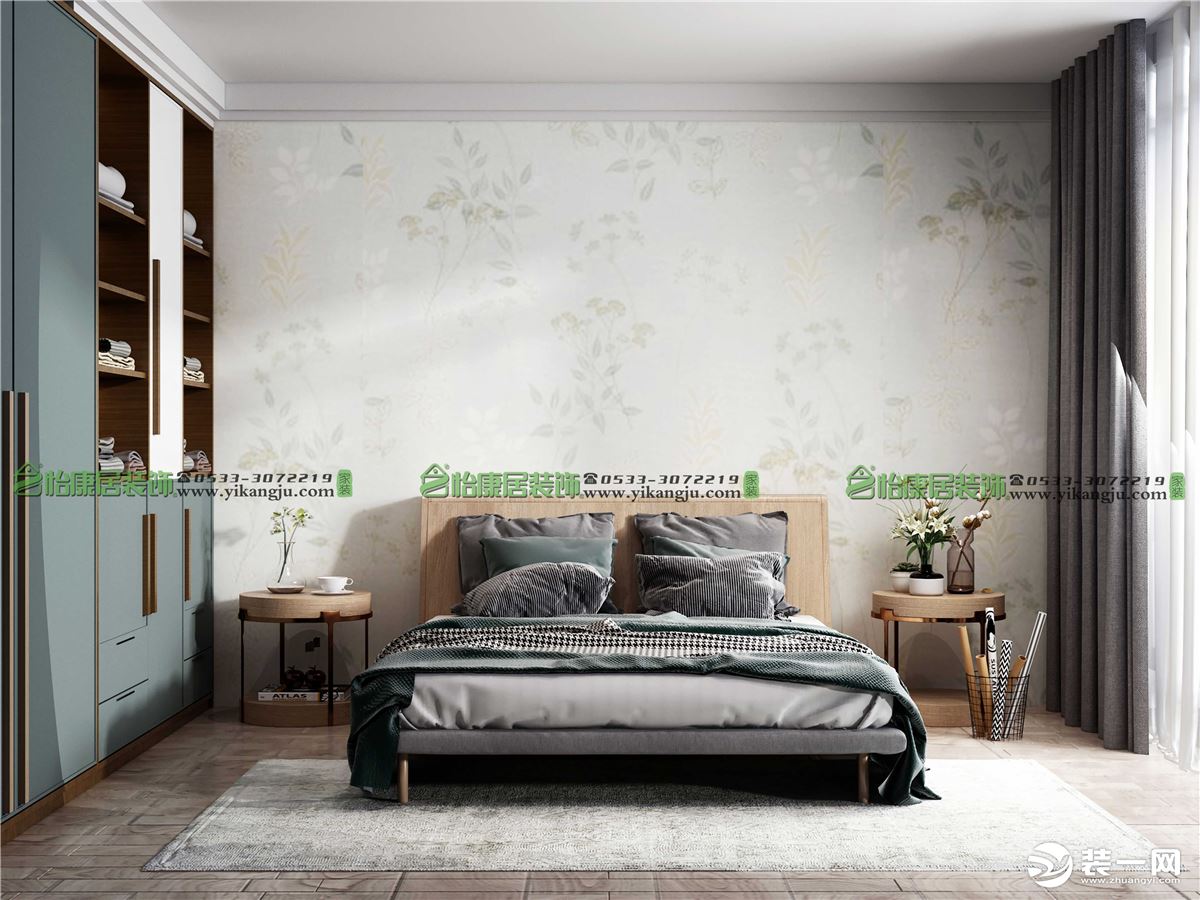 卧室床头铺贴淡绿色花纹壁纸，床头柜使用小圆茶几代替，一侧为入墙式的到顶收纳柜，节省空间又增加了储物能