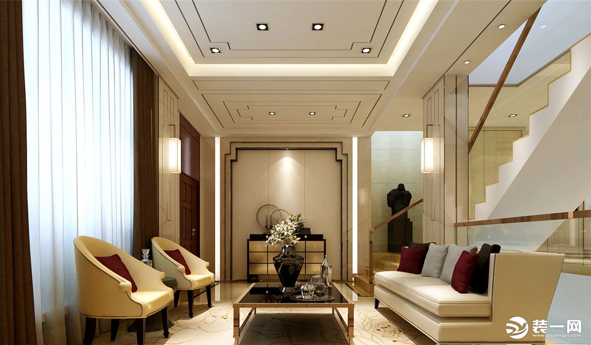 珠海华发世纪城278平别墅新中式风格客厅装修效果图