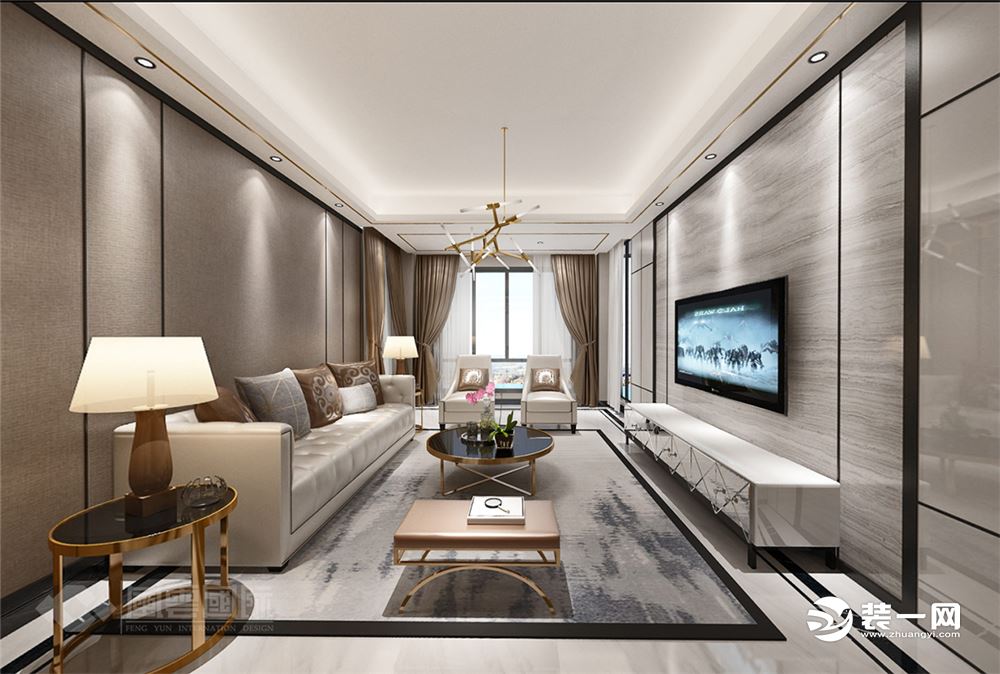新中式风格别墅装修中奉行的就是布局遵循对称性的要求，沙发两两相对，空间开阔且整洁。