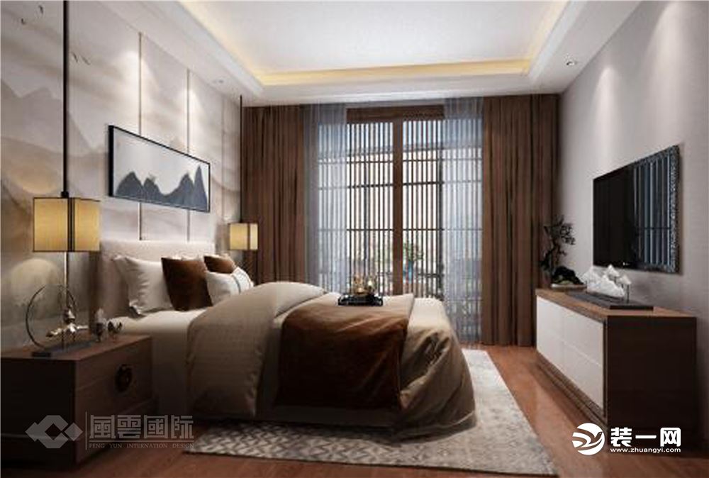 卧室可以说是一个时尚的集合，千鸟格的地垫，明黄色的床尾沙发，褐色的窗柩，阳光洒进室内。