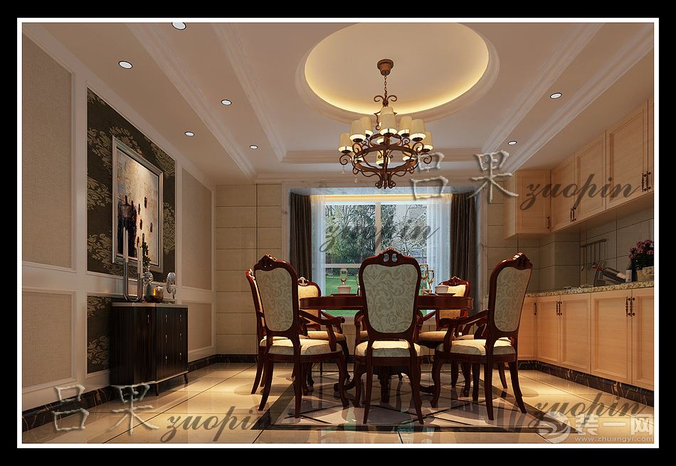 南昌翠湖苑160平米四居室欧式风格餐厅-餐桌，储物柜，灯具，瓷砖