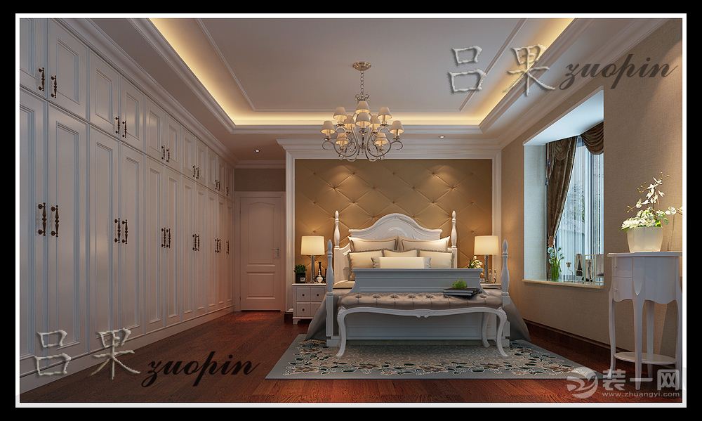 南昌翠湖苑160平米四居室欧式风格主卧室-床头柜，床，灯，瓷砖，隐形门